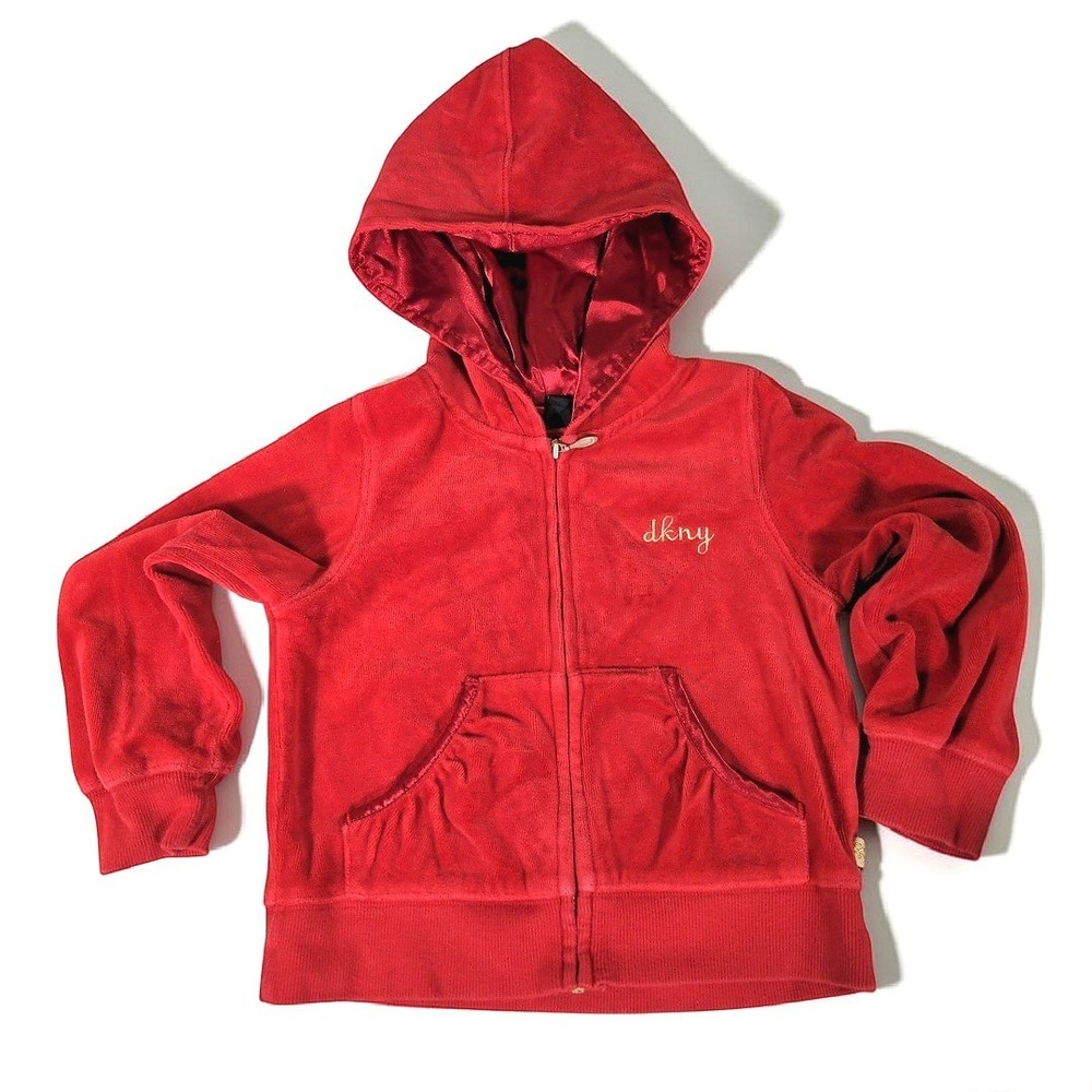 DKNY Kids Velour Full‎ Zip Hoodie Red Satin Lined Y2K Streetwear Size S Exc